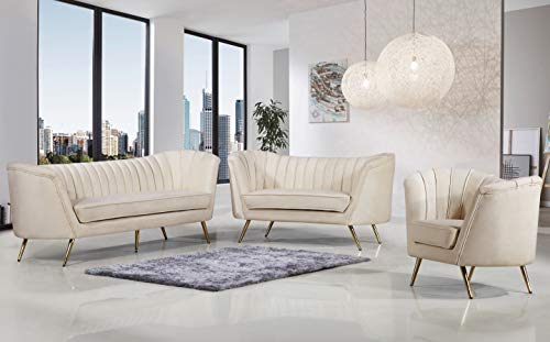 Meridian Furniture Margo Collection Modern | Contemporary Velvet Upholstered Loveseat with Deep Channel Tufting and Rich Gold Stainless Steel Legs, Cream, 65" W x 30" D x 33" H