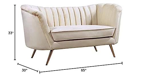 Meridian Furniture Margo Collection Modern | Contemporary Velvet Upholstered Loveseat with Deep Channel Tufting and Rich Gold Stainless Steel Legs, Cream, 65" W x 30" D x 33" H