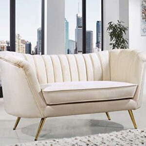 Meridian Furniture Margo Collection Modern | Contemporary Velvet Upholstered Loveseat with Deep Channel Tufting and Rich Gold Stainless Steel Legs, Cream, 65" W x 30" D x 33" H