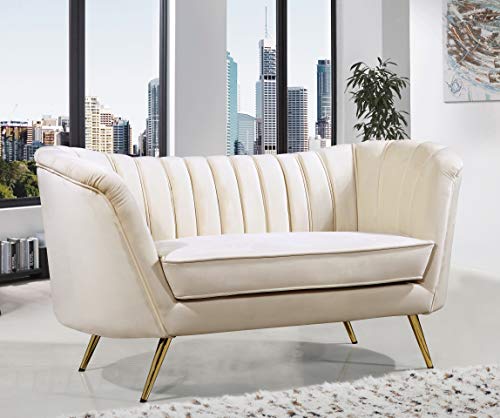 Meridian Furniture Margo Collection Modern | Contemporary Velvet Upholstered Loveseat with Deep Channel Tufting and Rich Gold Stainless Steel Legs, Cream, 65" W x 30" D x 33" H