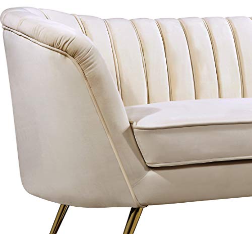 Meridian Furniture Margo Collection Modern | Contemporary Velvet Upholstered Loveseat with Deep Channel Tufting and Rich Gold Stainless Steel Legs, Cream, 65" W x 30" D x 33" H