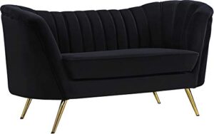 meridian furniture margo collection modern | contemporary velvet upholstered loveseat with deep channel tufting and rich gold stainless steel legs, black, 65" w x 30" d x 33" h