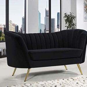 Meridian Furniture Margo Collection Modern | Contemporary Velvet Upholstered Loveseat with Deep Channel Tufting and Rich Gold Stainless Steel Legs, Black, 65" W x 30" D x 33" H