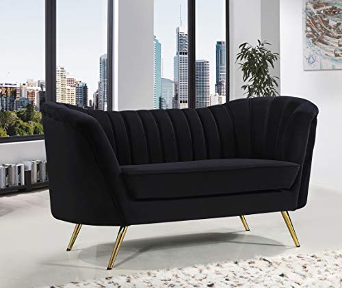 Meridian Furniture Margo Collection Modern | Contemporary Velvet Upholstered Loveseat with Deep Channel Tufting and Rich Gold Stainless Steel Legs, Black, 65" W x 30" D x 33" H