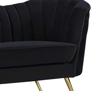 Meridian Furniture Margo Collection Modern | Contemporary Velvet Upholstered Loveseat with Deep Channel Tufting and Rich Gold Stainless Steel Legs, Black, 65" W x 30" D x 33" H