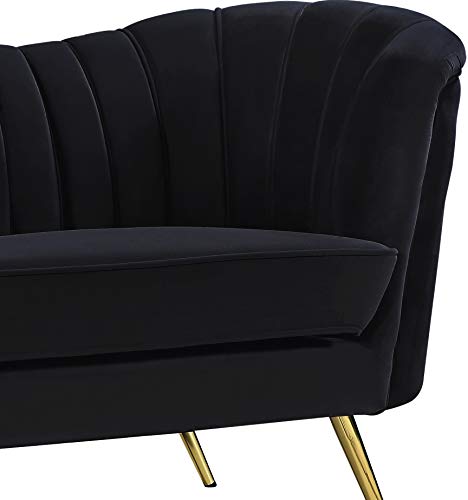 Meridian Furniture Margo Collection Modern | Contemporary Velvet Upholstered Loveseat with Deep Channel Tufting and Rich Gold Stainless Steel Legs, Black, 65" W x 30" D x 33" H