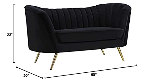 Meridian Furniture Margo Collection Modern | Contemporary Velvet Upholstered Loveseat with Deep Channel Tufting and Rich Gold Stainless Steel Legs, Black, 65" W x 30" D x 33" H