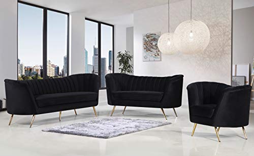 Meridian Furniture Margo Collection Modern | Contemporary Velvet Upholstered Loveseat with Deep Channel Tufting and Rich Gold Stainless Steel Legs, Black, 65" W x 30" D x 33" H