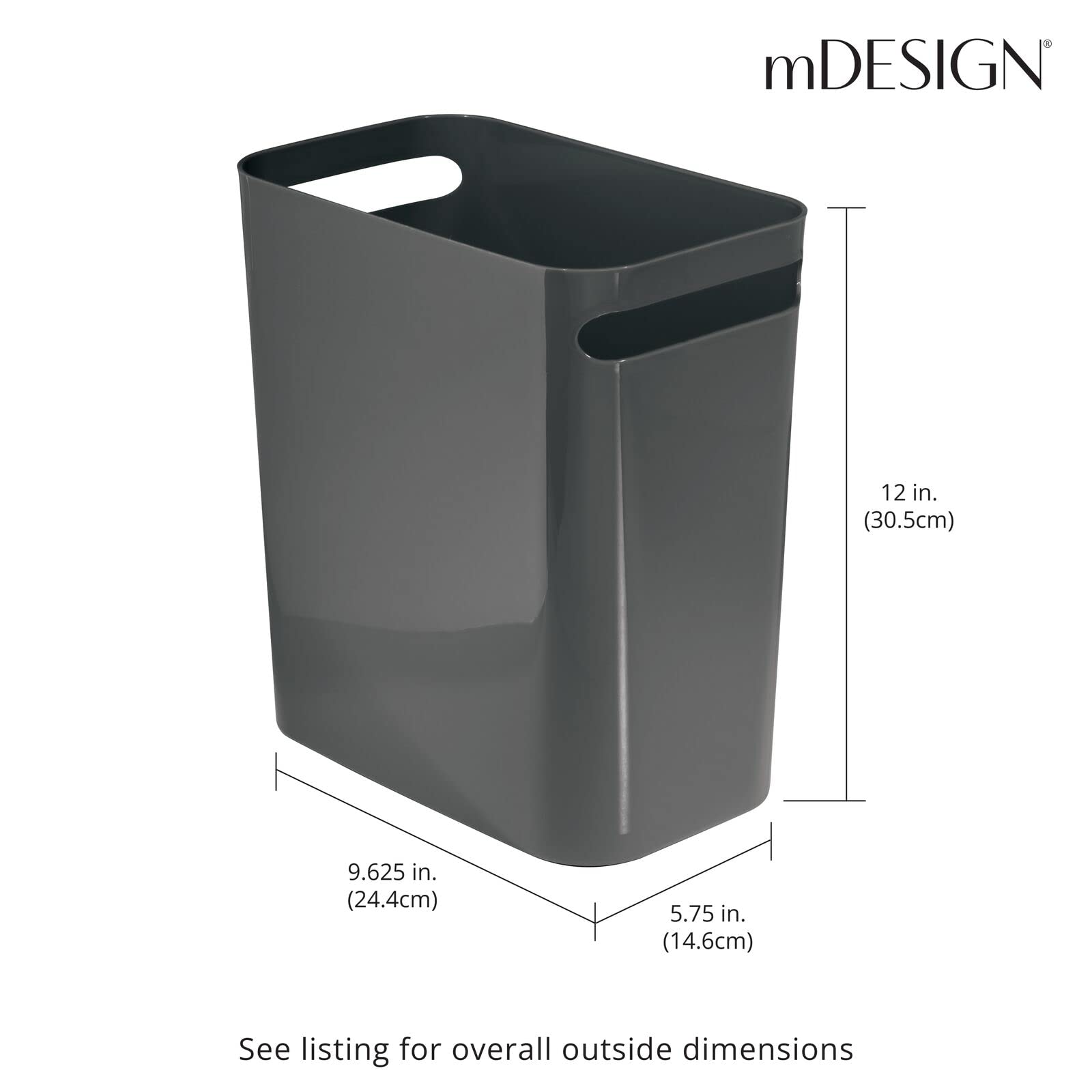 mDesign Plastic Slim Large 2.5 Gallon Trash Can Wastebasket, Classic Bathroom, Bedroom, Kitchen, Office Garbage Container Recycle Bin, Outdoor Waste, Recycling - Aura Collection, 2 Pack, Charcoal Gray