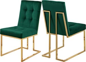 meridian furniture pierre collection modern | contemporary velvet dining chair with luxurious deep tufting and polished gold metal frame, set of 2, green, 18.5" w x 25" d x 36.5" h