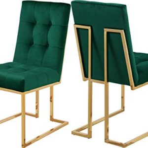 Meridian Furniture Pierre Collection Modern | Contemporary Velvet Dining Chair with Luxurious Deep Tufting and Polished Gold Metal Frame, Set of 2, Green, 18.5" W x 25" D x 36.5" H