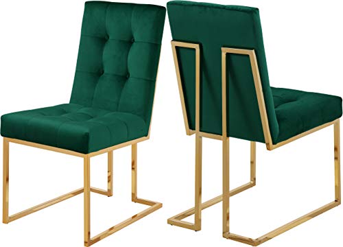 Meridian Furniture Pierre Collection Modern | Contemporary Velvet Dining Chair with Luxurious Deep Tufting and Polished Gold Metal Frame, Set of 2, Green, 18.5" W x 25" D x 36.5" H