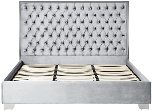 Meridian Furniture Lexi Collection Modern | Contemporary Velvet Upholstered Bed with Deep Tufting, Polished Chrome Stainless Steel Frame and Legs, King, Grey