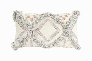 creative co-op wool cream kilim pillow with grey fringe accents