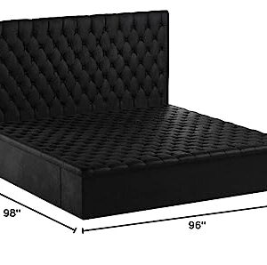 Meridian Furniture Bliss Collection Modern | Contemporary Velvet Upholstered Bed with Deep Button Tufting and Storage Compartments in Rails and Footboard, Black, King