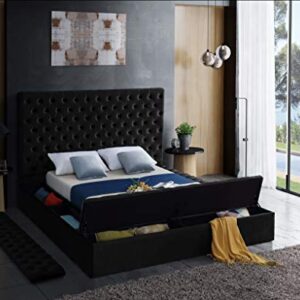 Meridian Furniture Bliss Collection Modern | Contemporary Velvet Upholstered Bed with Deep Button Tufting and Storage Compartments in Rails and Footboard, Black, King