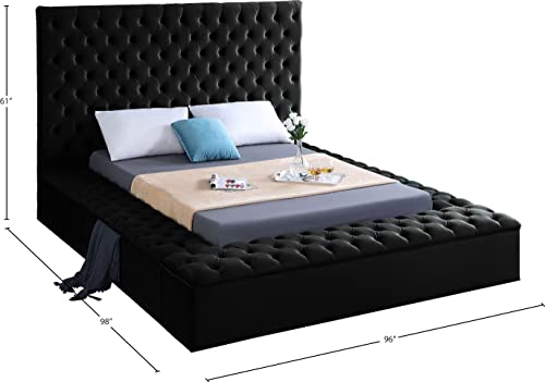 Meridian Furniture Bliss Collection Modern | Contemporary Velvet Upholstered Bed with Deep Button Tufting and Storage Compartments in Rails and Footboard, Black, King