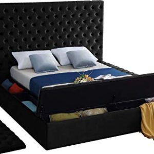 Meridian Furniture Bliss Collection Modern | Contemporary Velvet Upholstered Bed with Deep Button Tufting and Storage Compartments in Rails and Footboard, Black, King