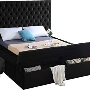 Meridian Furniture Bliss Collection Modern | Contemporary Velvet Upholstered Bed with Deep Button Tufting and Storage Compartments in Rails and Footboard, Black, King