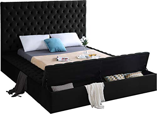 Meridian Furniture Bliss Collection Modern | Contemporary Velvet Upholstered Bed with Deep Button Tufting and Storage Compartments in Rails and Footboard, Black, King