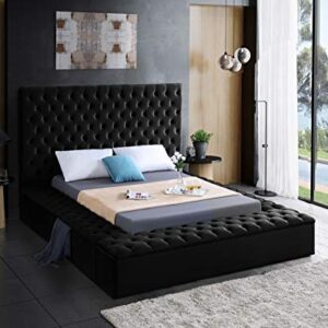 Meridian Furniture Bliss Collection Modern | Contemporary Velvet Upholstered Bed with Deep Button Tufting and Storage Compartments in Rails and Footboard, Black, King