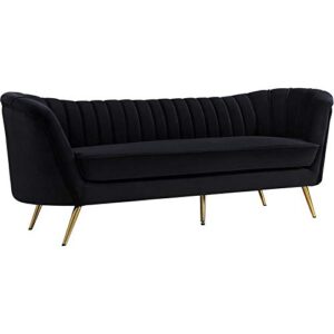 meridian furniture margo collection modern | contemporary velvet upholstered sofa with deep channel tufting and rich gold stainless steel legs, black, 88" w x 30" d x 33" h