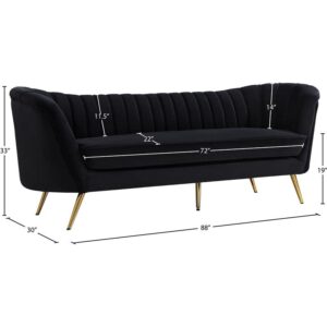 Meridian Furniture Margo Collection Modern | Contemporary Velvet Upholstered Sofa with Deep Channel Tufting and Rich Gold Stainless Steel Legs, Black, 88" W x 30" D x 33" H