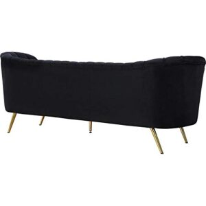 Meridian Furniture Margo Collection Modern | Contemporary Velvet Upholstered Sofa with Deep Channel Tufting and Rich Gold Stainless Steel Legs, Black, 88" W x 30" D x 33" H