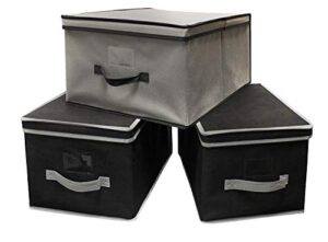 earthwise storage bin basket box collapsible container foldable stackable fold flat shelf cabinet with lid cube organizers (set of 3) 1 large 2 medium (black/grey)