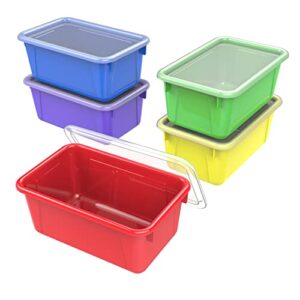 storex small cubby bins – plastic storage containers for classroom with non-snap lid, 12.2 x 7.8 x 5.1 inches, assorted colors, 5-pack (62406u05c)