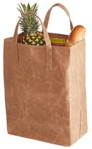 world's strongest grocery bag, handmade with certified organic cotton and hand waxed with beeswax, foldable, stiff waxed canvas stands up for easy filling, plastic-free, reusable, gots, large, brown