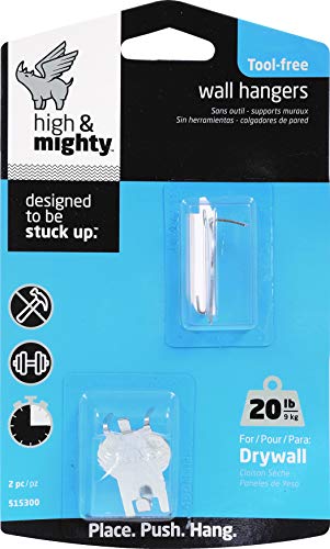 HIGH & MIGHTY 515300 Picture Hanger Set, Easy Tool-Free Dry Wall Art Hangers for Artwork, Photos, and Mirrors, Holds up to 20lbs, 2 pack, Steel