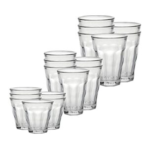 duralex picardie 18 piece clear tempered glass drinkware and tumbler cup set for wine, tea, water, and cocktails