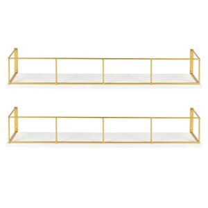 kate and laurel benbrook 24 inch 2-pack wood and metal floating wall shelves, white and gold