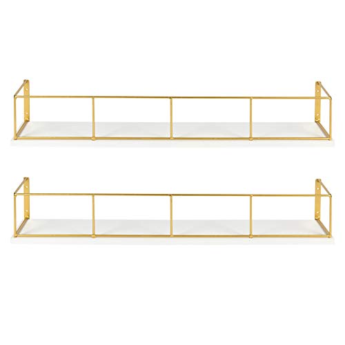 Kate and Laurel Benbrook 24 inch 2-Pack Wood and Metal Floating Wall Shelves, White and Gold