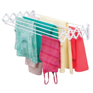 mdesign steel wall mount accordion expandable retractable clothes air drying rack - 8 bars for hanging garments - mounted organizer for laundry/utility room, bathroom, garage, bardo collection, white