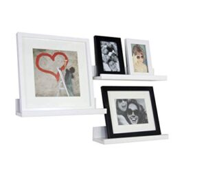 bd art wall mounted ledges - set of three 14 inch white wooden floating shelves, perfect for display picture frames, books in living room, bedroom, kitchen, nursery room