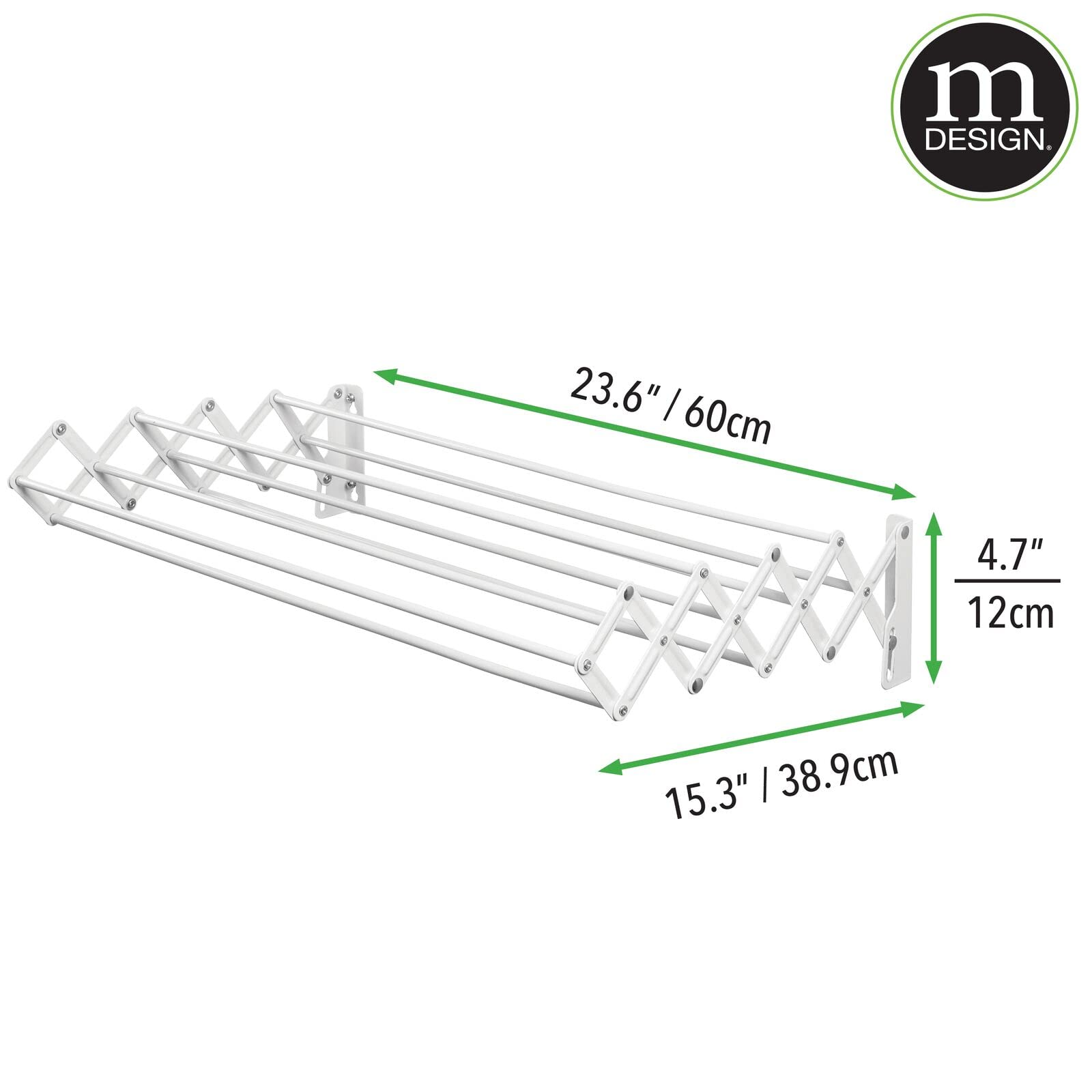 mDesign Steel Wall Mount Accordion Expandable Retractable Clothes Air Drying Rack - 8 Bars for Hanging Garments - Mounted Organizer for Laundry/Utility Room, Bathroom, Garage, Bardo Collection, White