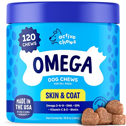 Omega 3 Fish Oil for Dogs Soft Chews 120 ct - Omega 3 for Dogs with Biotin & Vitamin E for Shiny Coat - Dog Skin and Coat Supplement for Itchy, Dry Skin - Shedding Omega 3 6 9 Oil for Dog