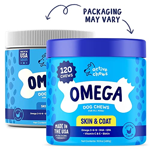 Omega 3 Fish Oil for Dogs Soft Chews 120 ct - Omega 3 for Dogs with Biotin & Vitamin E for Shiny Coat - Dog Skin and Coat Supplement for Itchy, Dry Skin - Shedding Omega 3 6 9 Oil for Dog