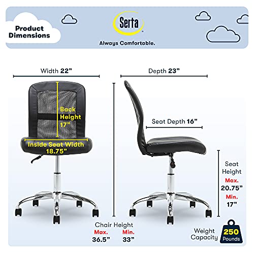 Serta 48740 Essential Mesh Low-Back Computer Desk Task Chair with No Arms for Home Office or Conference Room, Faux Leather, Black