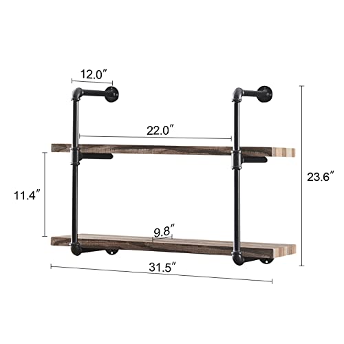 HOMISSUE 2-Shelf Rustic Pipe Shelving Unit, Vintage Industrial Pipe Wall Shelf, Retro Brown