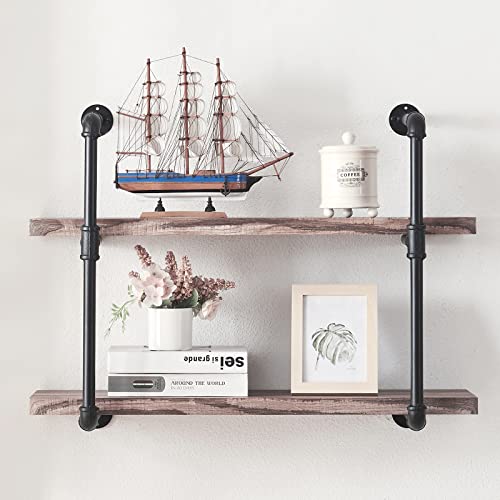 HOMISSUE 2-Shelf Rustic Pipe Shelving Unit, Vintage Industrial Pipe Wall Shelf, Retro Brown