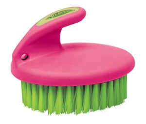 weaver leather palm-held face brush, pink/lime green