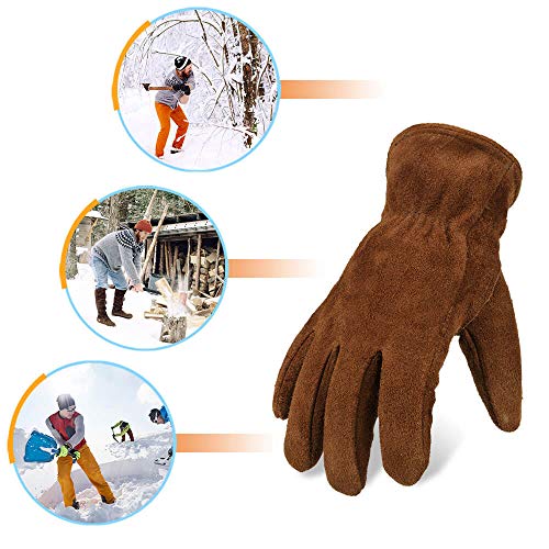 OZERO Work Gloves Winter Insulated Snow Cold Proof Leather Glove Thick Thermal Imitation Lambswool - Extra Grip Flexible Warm for Working in Cold Weather for Men and Women (Brown,Large)