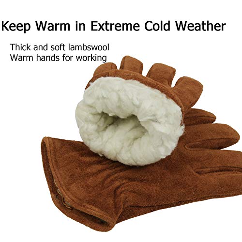 OZERO Work Gloves Winter Insulated Snow Cold Proof Leather Glove Thick Thermal Imitation Lambswool - Extra Grip Flexible Warm for Working in Cold Weather for Men and Women (Brown,Large)