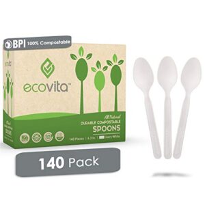 100% compostable spoons - 140 large disposable utensils (6.3 in.) eco friendly durable and heat resistant alternative to plastic spoons with convenient tray by ecovita