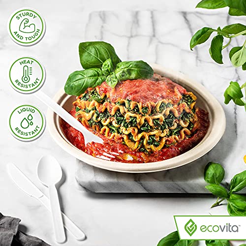 100% Compostable Spoons - 140 Large Disposable Utensils (6.3 in.) Eco Friendly Durable and Heat Resistant Alternative to Plastic Spoons with Convenient Tray by Ecovita