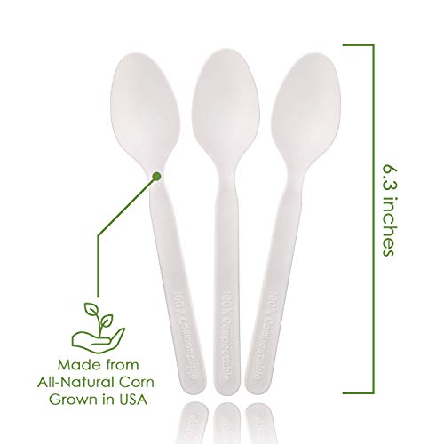 100% Compostable Spoons - 140 Large Disposable Utensils (6.3 in.) Eco Friendly Durable and Heat Resistant Alternative to Plastic Spoons with Convenient Tray by Ecovita