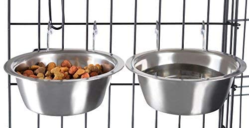 PETMAKER Stainless Steel Hanging Pet Bowls for Dogs and Cats- Cage, Kennel, and Crate Feeder Dish for Food and Water, Silver, 20oz, set of 2